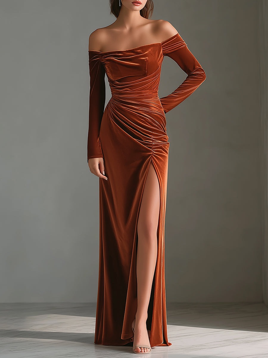 Rust Brown Off-Shoulder Velvet Ruched Gown With High Slit