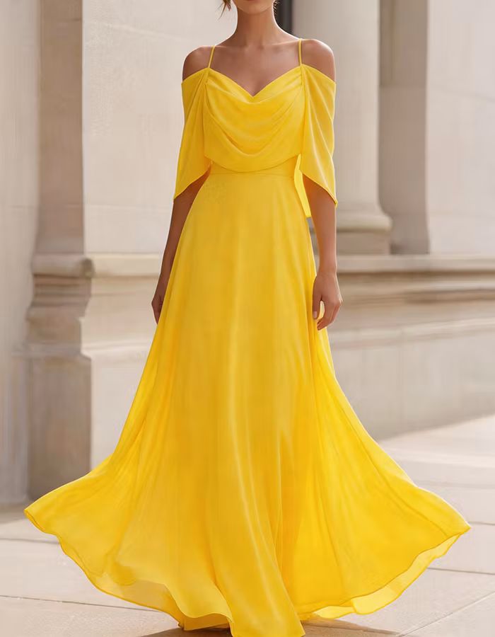 Blush Pink Off-the-Shoulder Cowl Neck Chiffon Maxi Dress