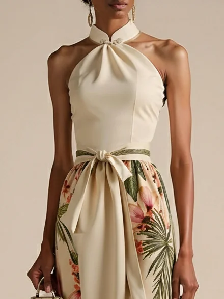 Halter-Neck Tropical Floral Print Maxi Dress with Sash