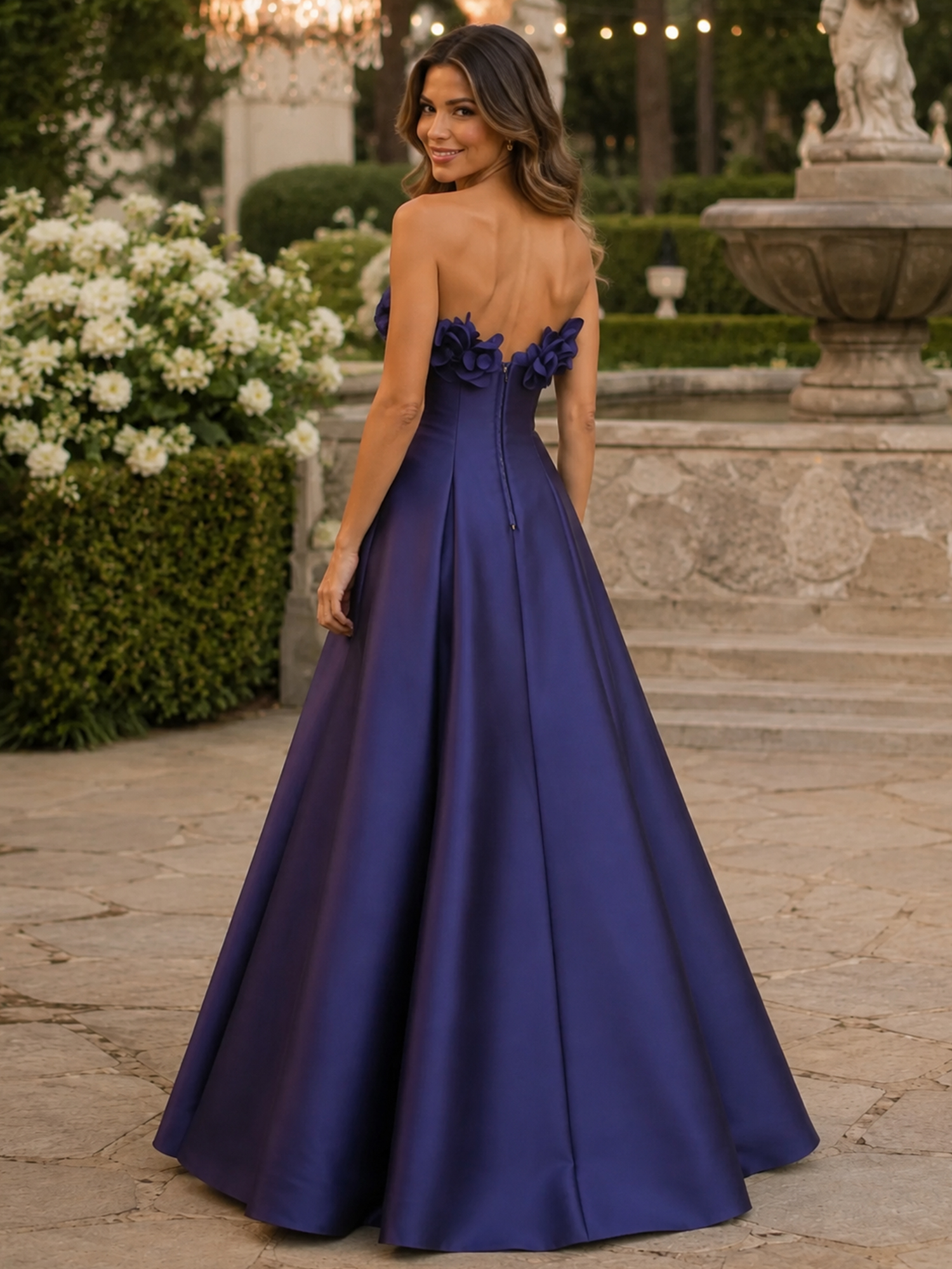Strapless Pleated Bodice Floral Applique Satin Evening Gown