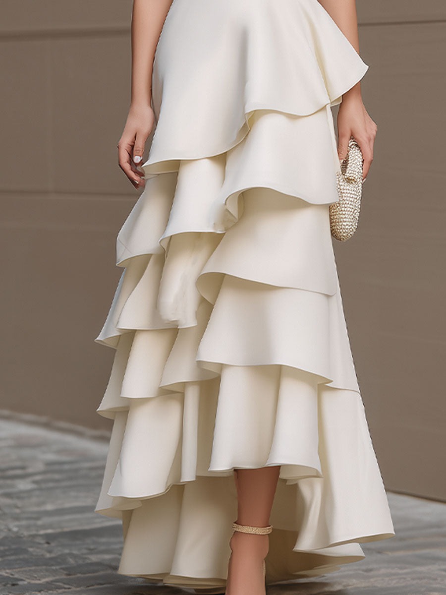 Ivory One-Shoulder Tiered Ruffle Gown