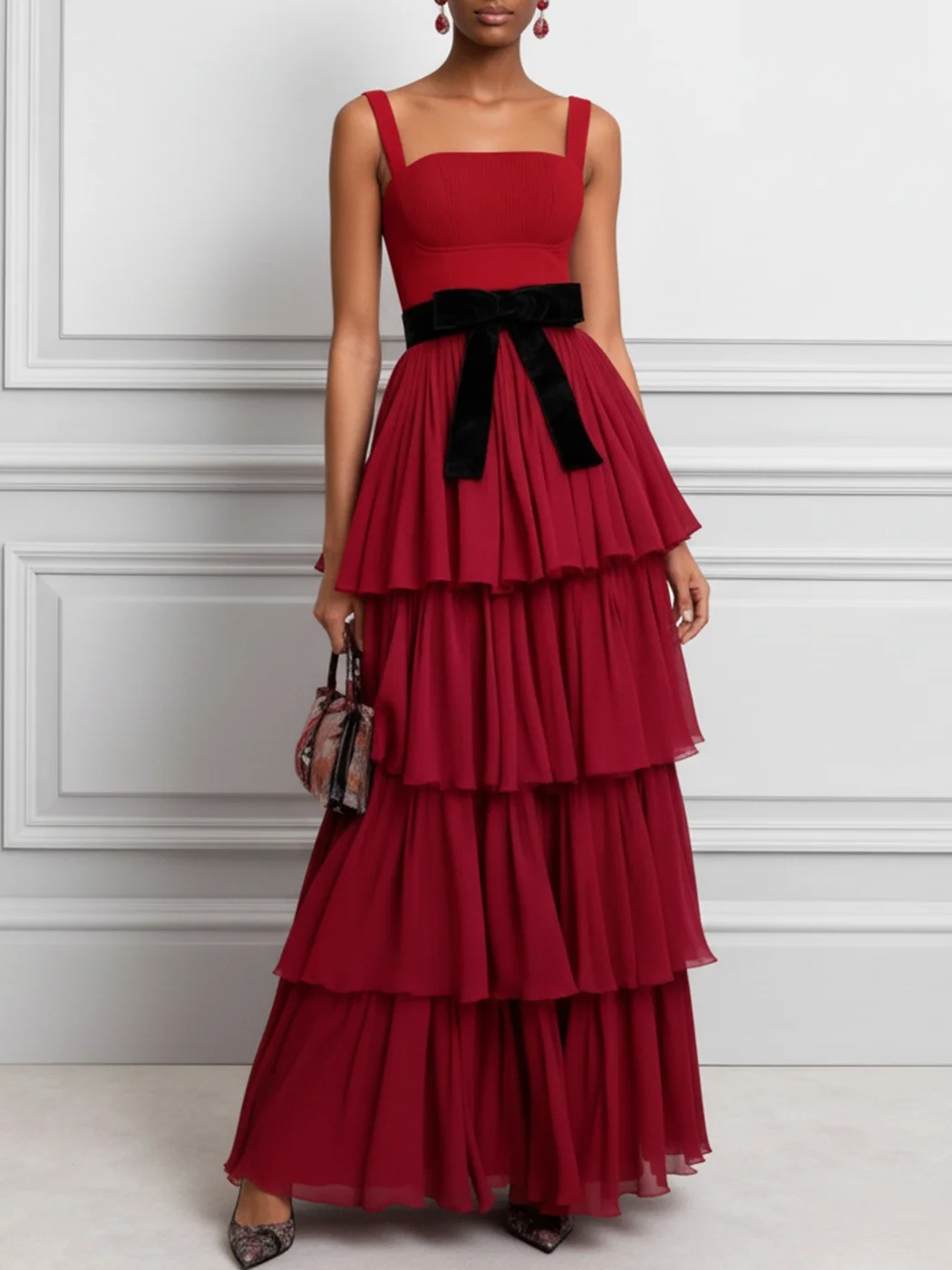 Red Ruffled Bow Chiffon Square Neck Gallus A-Line Maxi Dress