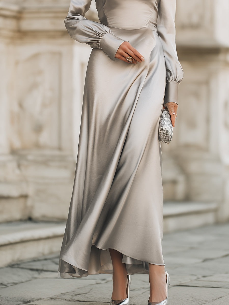 Grey Draped Cowl Neck Long Evening Gown