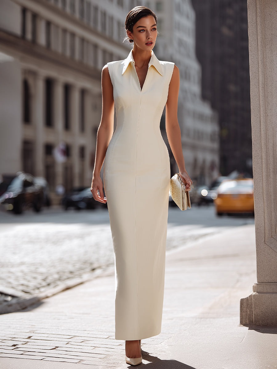 Beige Sleeveless Collared Column Maxi Dress