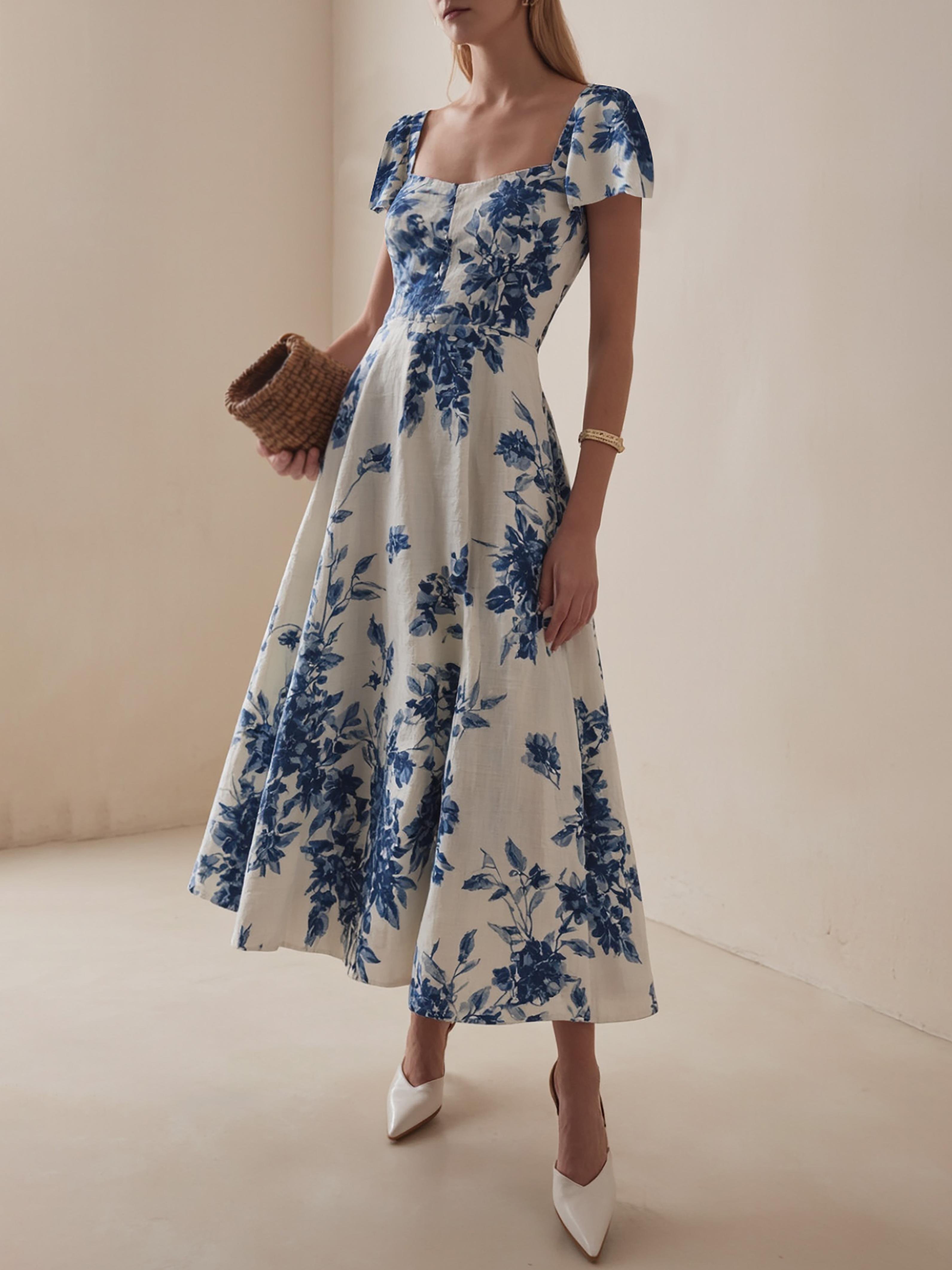 Elegant Vacation Floral Linen Maxi Dress in Blue