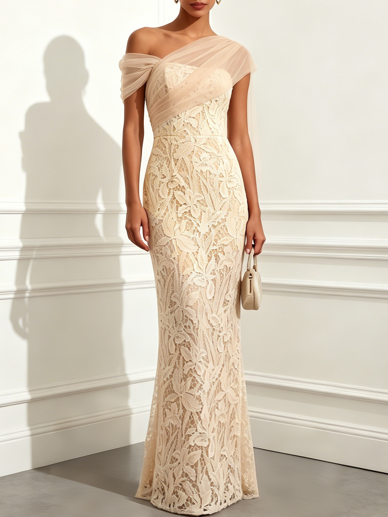 One-Shoulder Draped Tulle Lace Mermaid Evening Gown