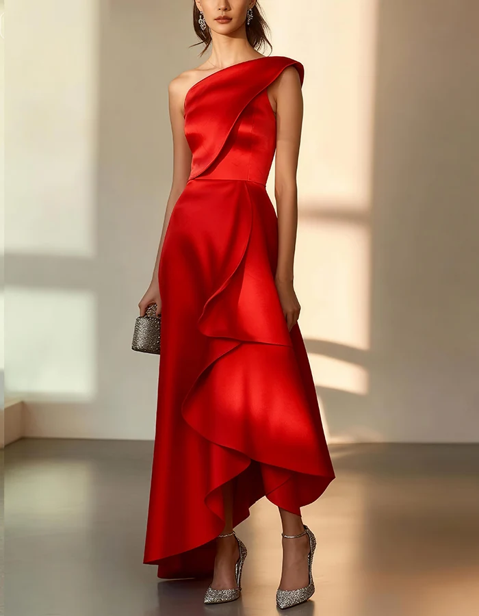 One-Shoulder Ruffle-Trim Satin Evening Gown