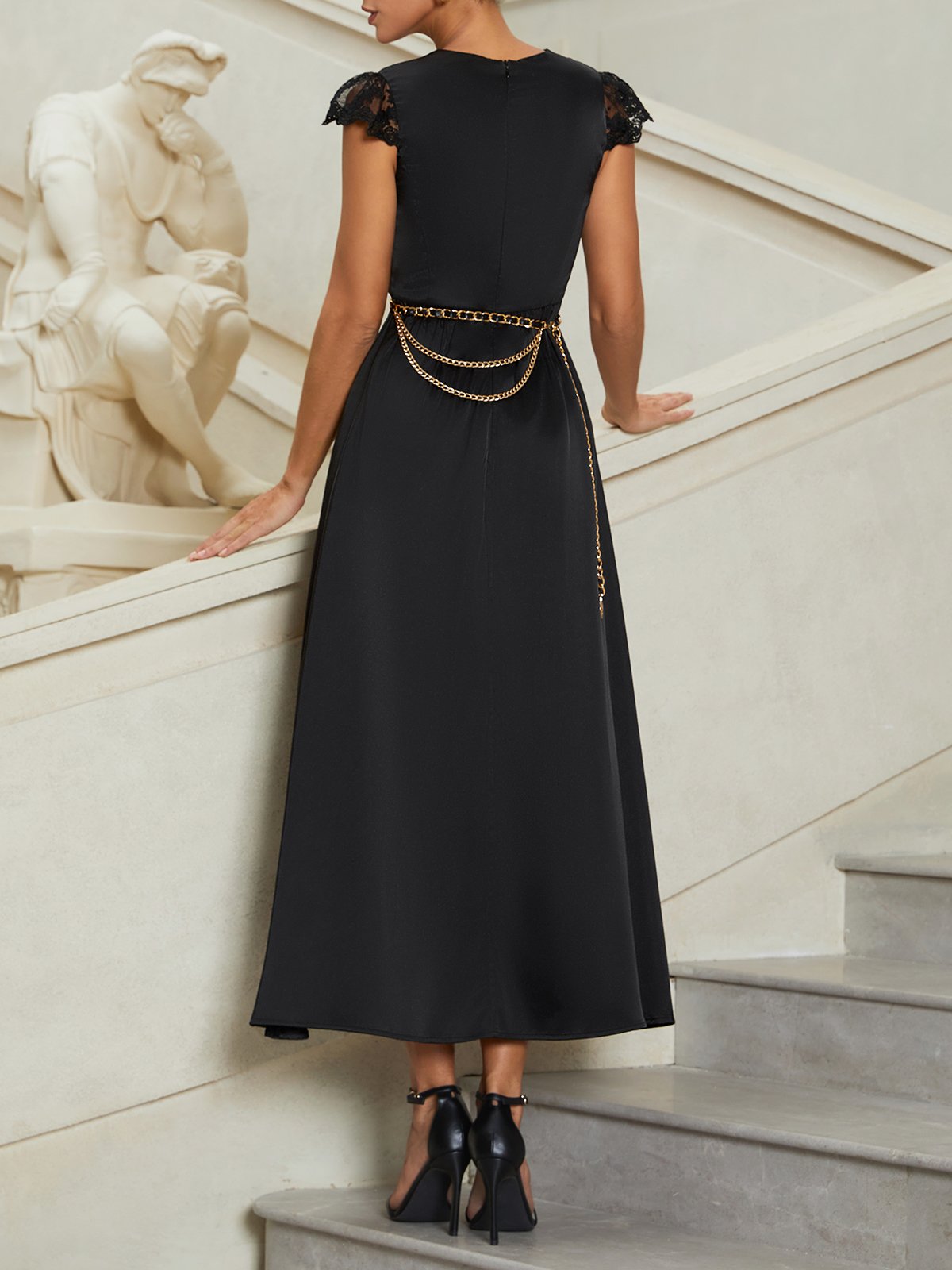 Black Lace Satin V Neck Short Sleeve A-Line Midi Dress