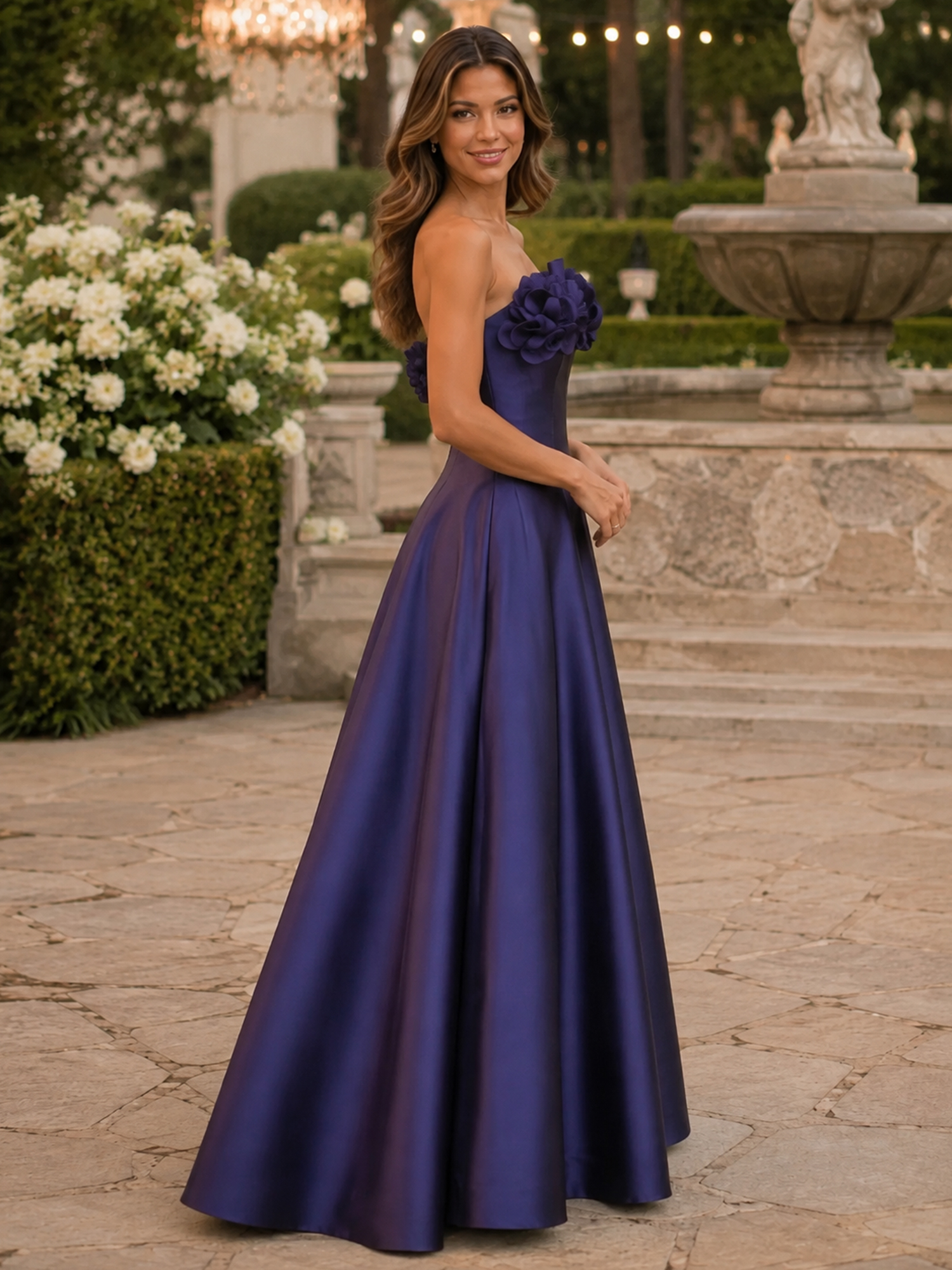Strapless Pleated Bodice Floral Applique Satin Evening Gown