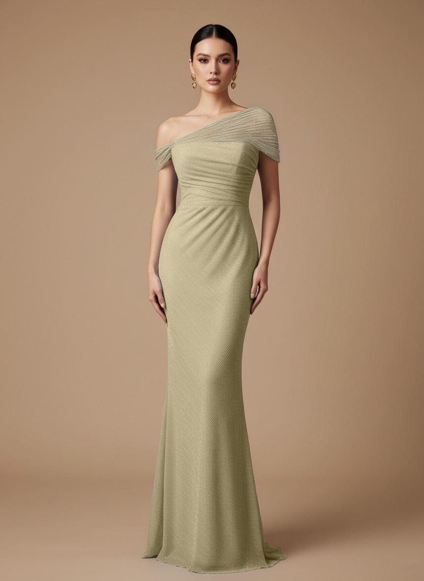 Evening Prom Light Blue Gown One Shoulder Glitter Ruched Maxi Dress