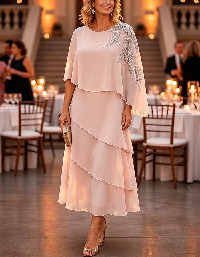 Beaded Chiffon Overlay Layered Midi Dress