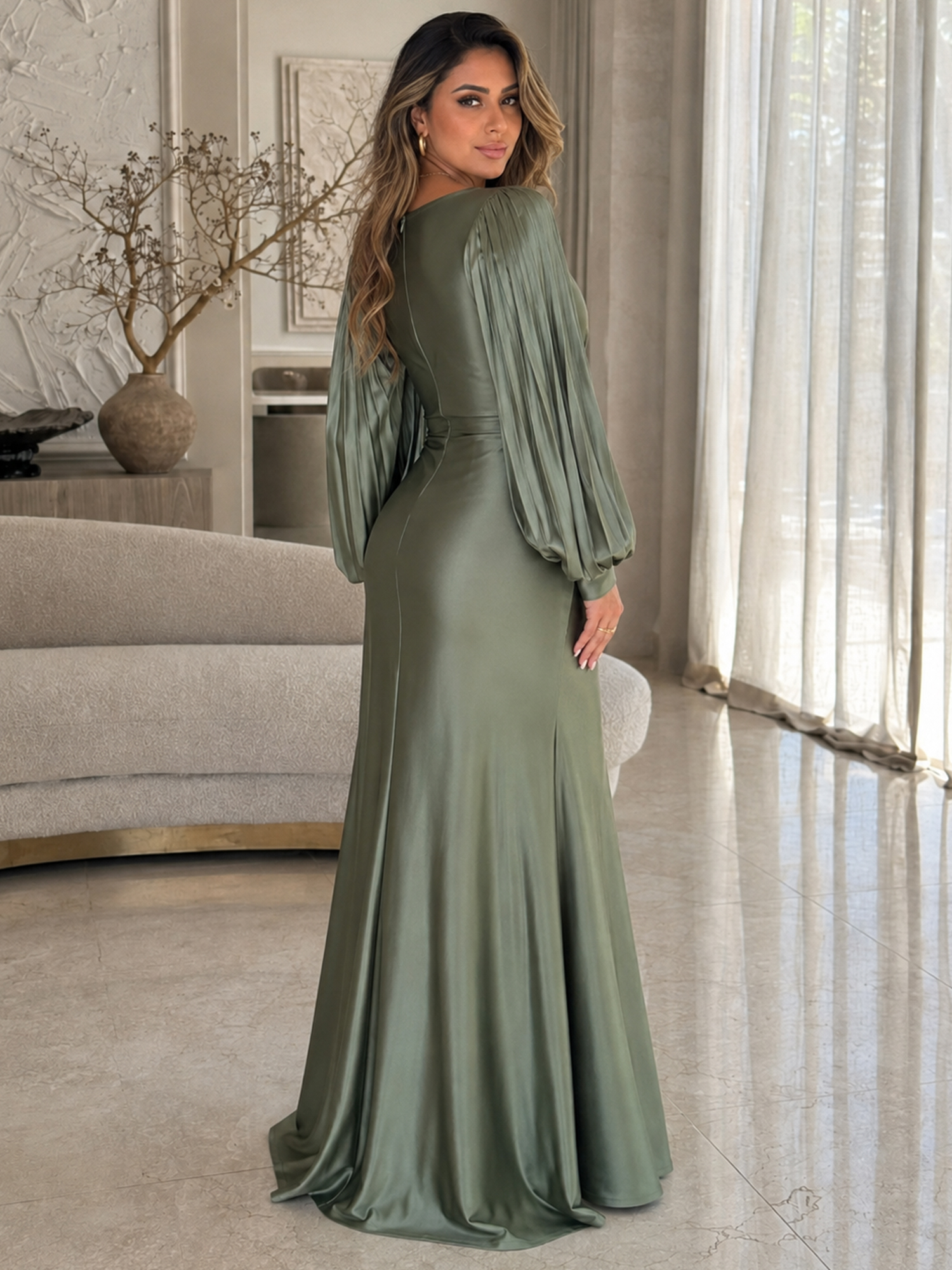 V-Neck Long Sleeve Pleated High Slit Satin Evening Gown