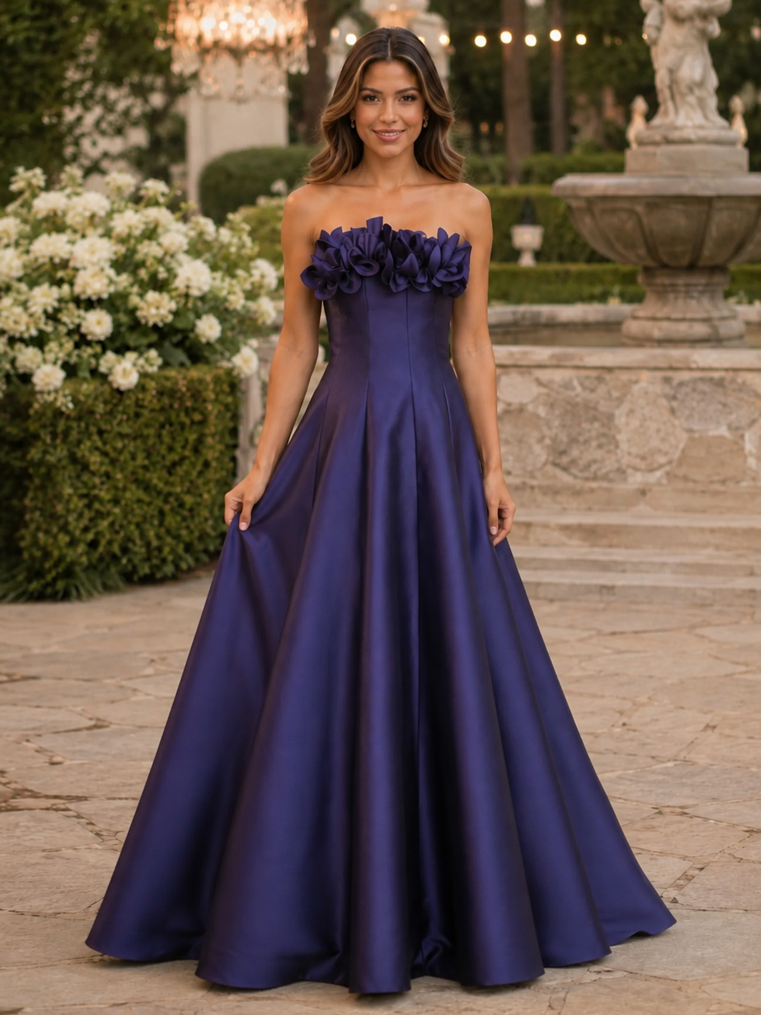 Strapless Pleated Bodice Floral Applique Satin Evening Gown