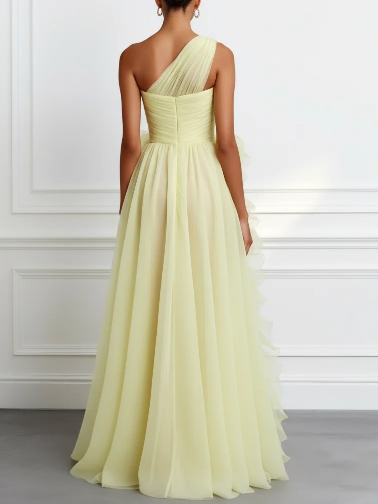Light Yellow Ruffled Side-Slit Tulle One Shoulder Sleeveless A-Line Maxi Dress