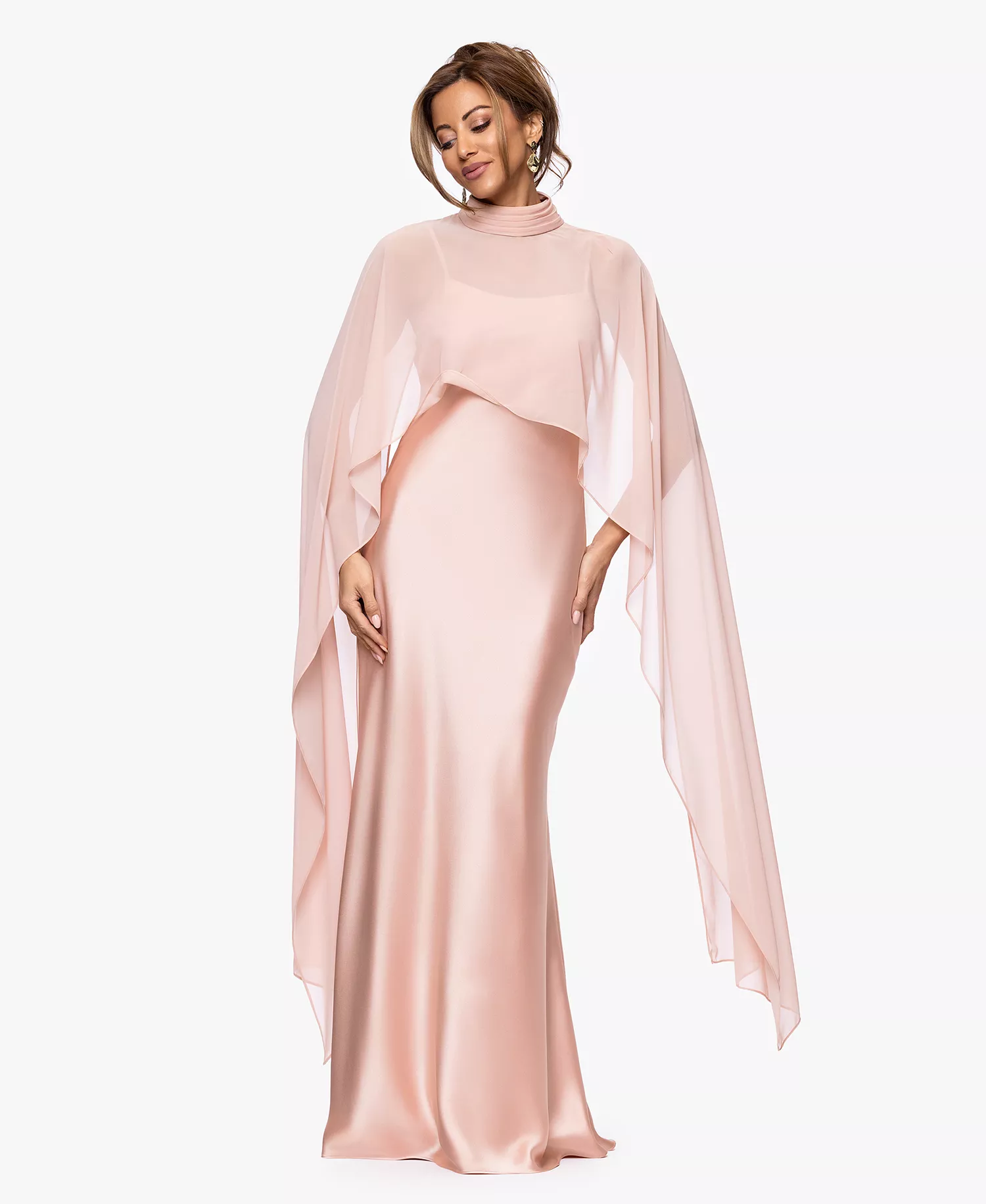 Layered Overlay Satin Long Evening Gown