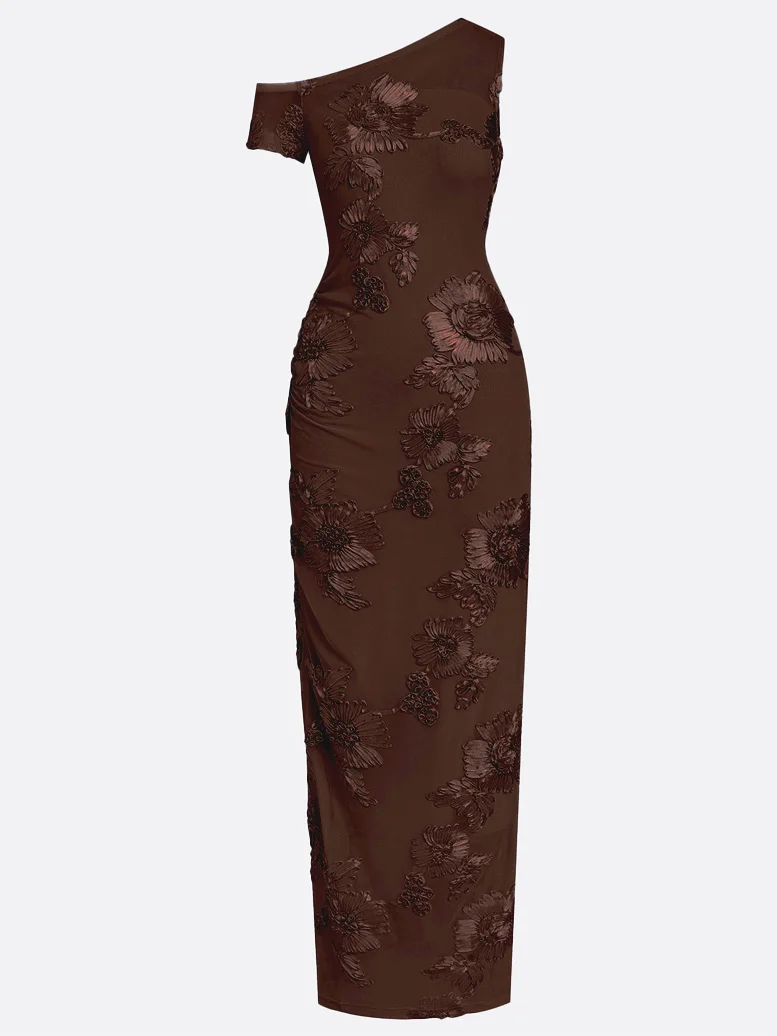 One-Shoulder Floral Applique Draped Long Evening Dress