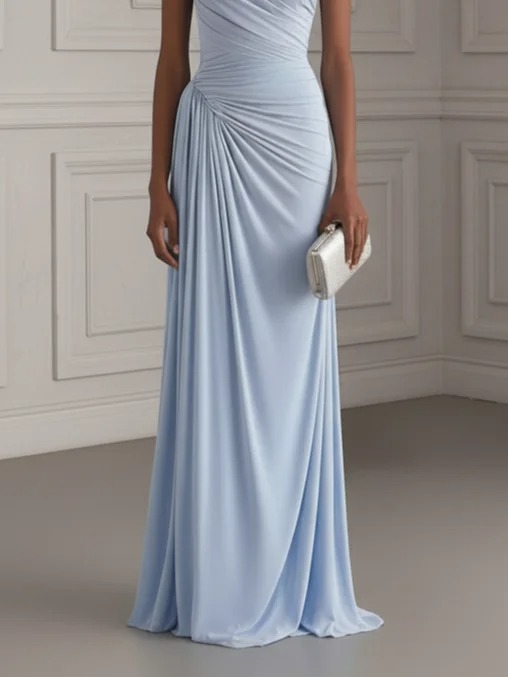 Light Blue Ruched Knit One Shoulder Sleeveless Bodycon Gown Dress