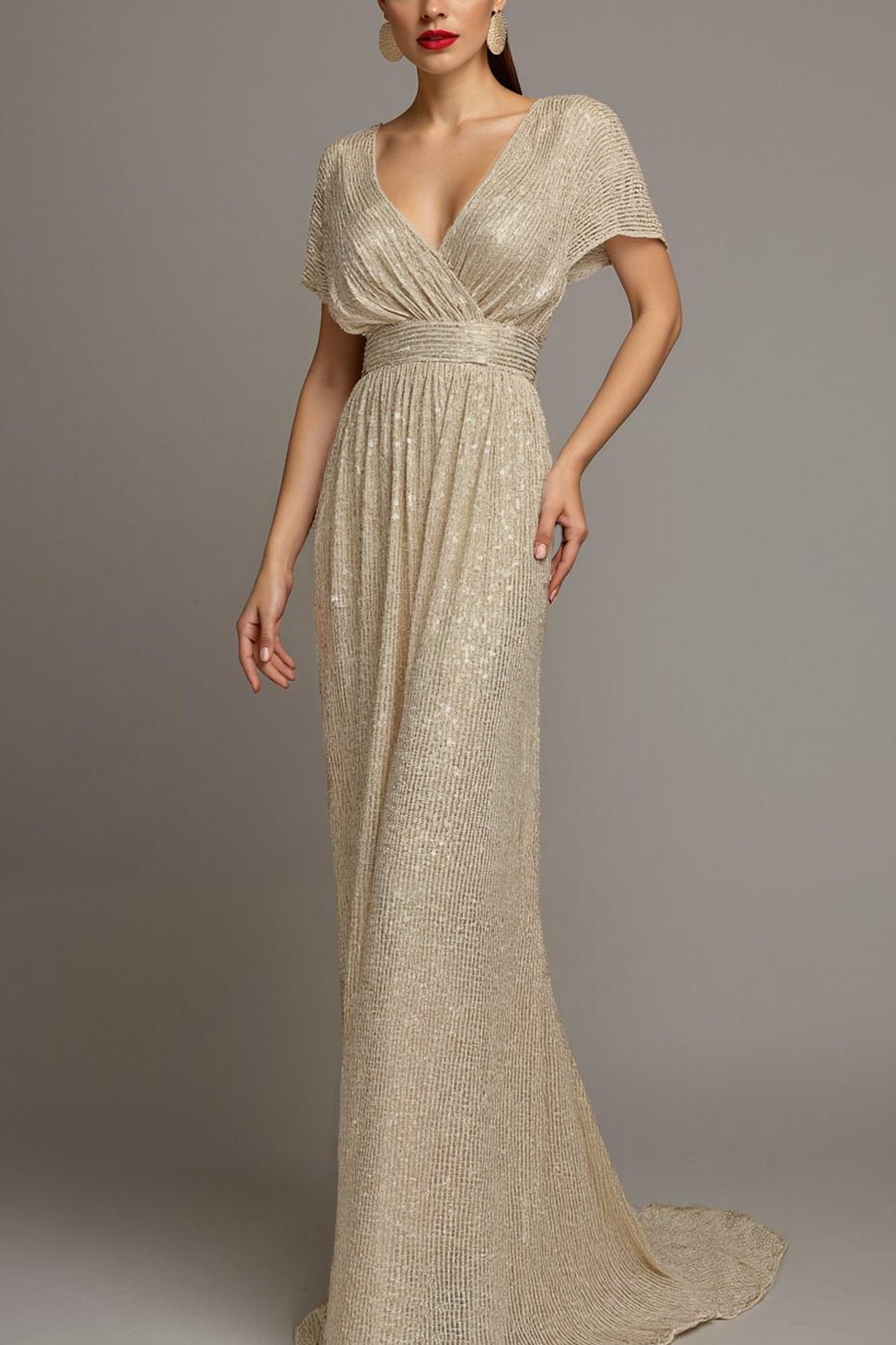 Evening Formal Gown Champagne Sequin Cross Neck Maxi Dress