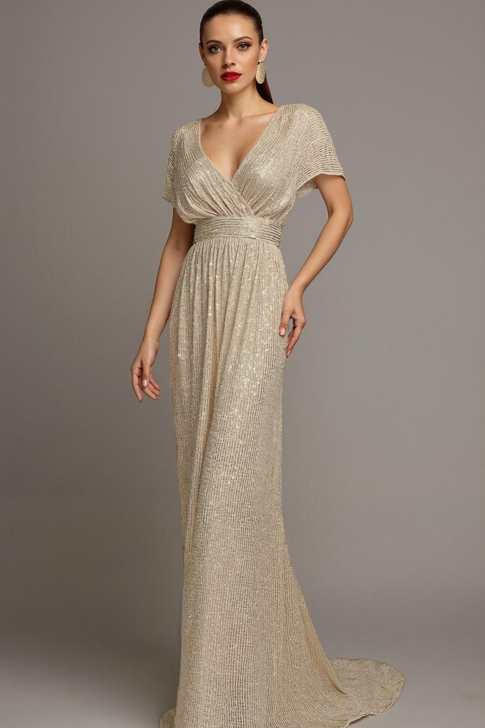 Evening Formal Gown Champagne Sequin Cross Neck Maxi Dress