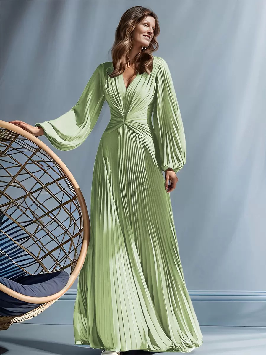 V-Neck Long Sleeve Pleated Chiffon Evening Gown