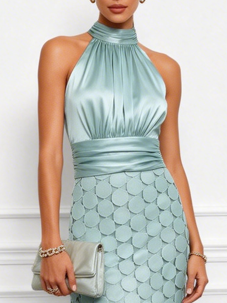 Women Light Green Satin Ruched Halter Neck Sleeveless A-Line Midi Dresses
