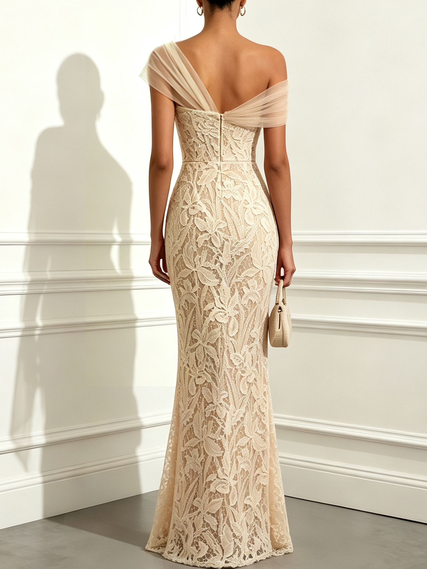 One-Shoulder Draped Tulle Lace Mermaid Evening Gown