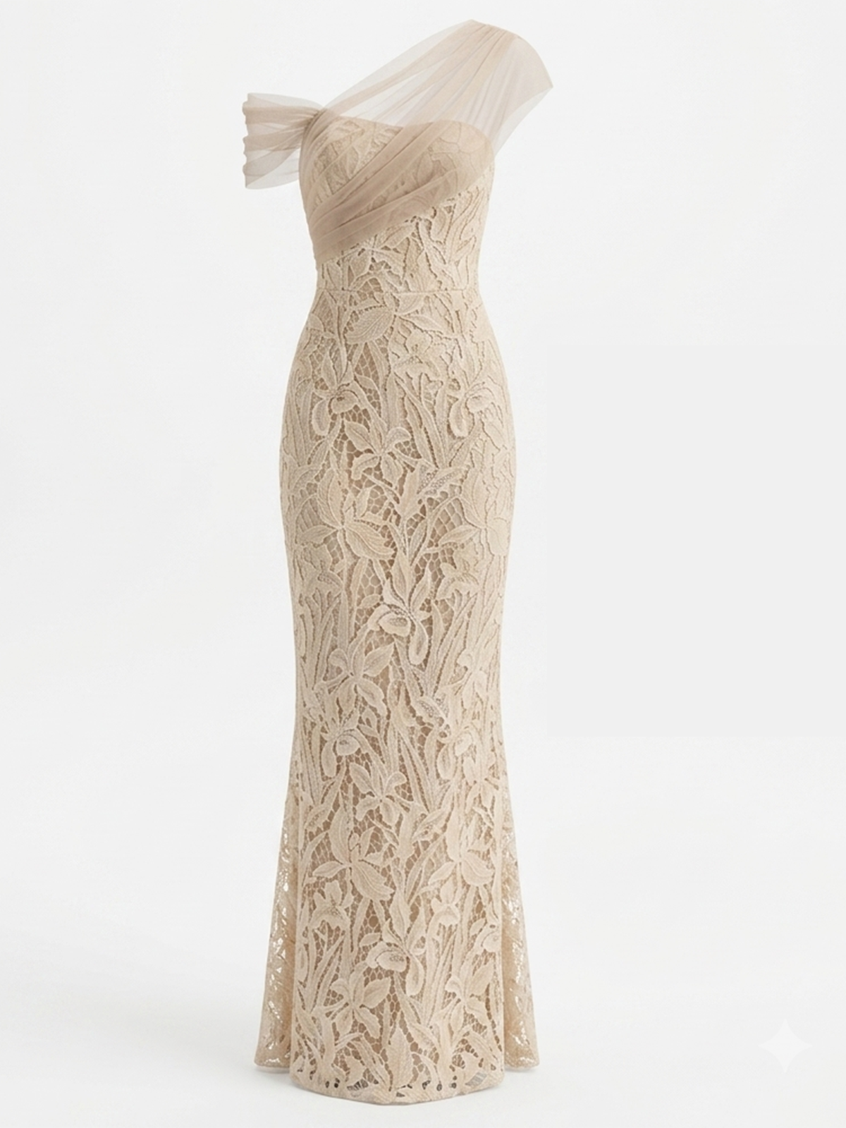 One-Shoulder Draped Tulle Lace Mermaid Evening Gown