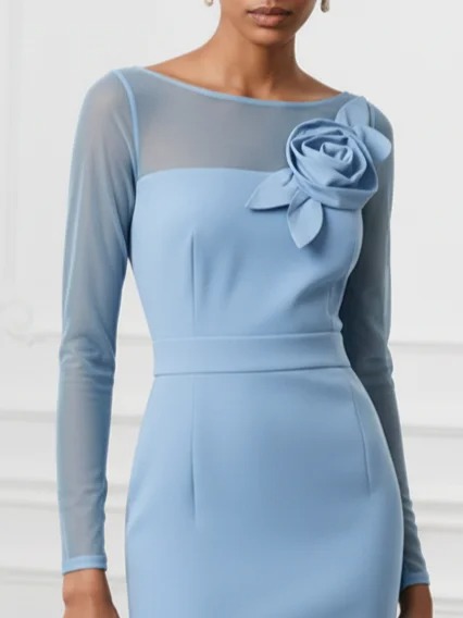 Light Blue 3D Floral Mesh Classic Boat Neck Long Sleeve Sheath Midi Dress