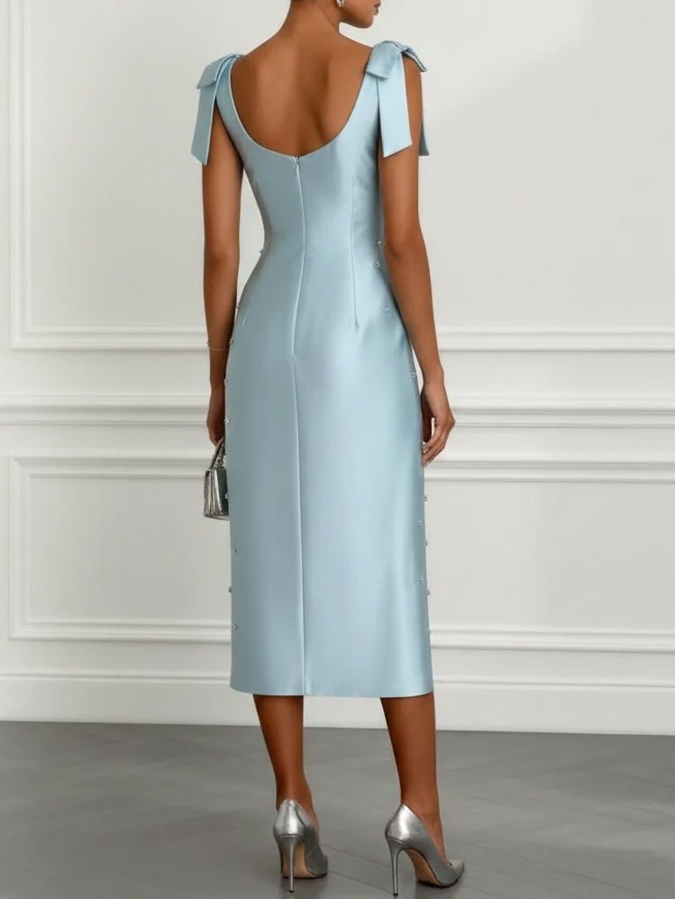 Light Blue Beaded Bow Satin Crew Neck Sleeveless Bodycon Midi Dress