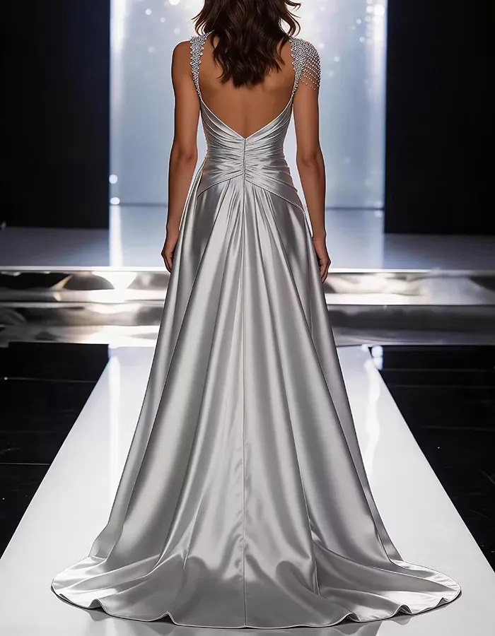 Silver Grey Deep V-Neck Draped Satin Metallic Mermaid Maxi Dress