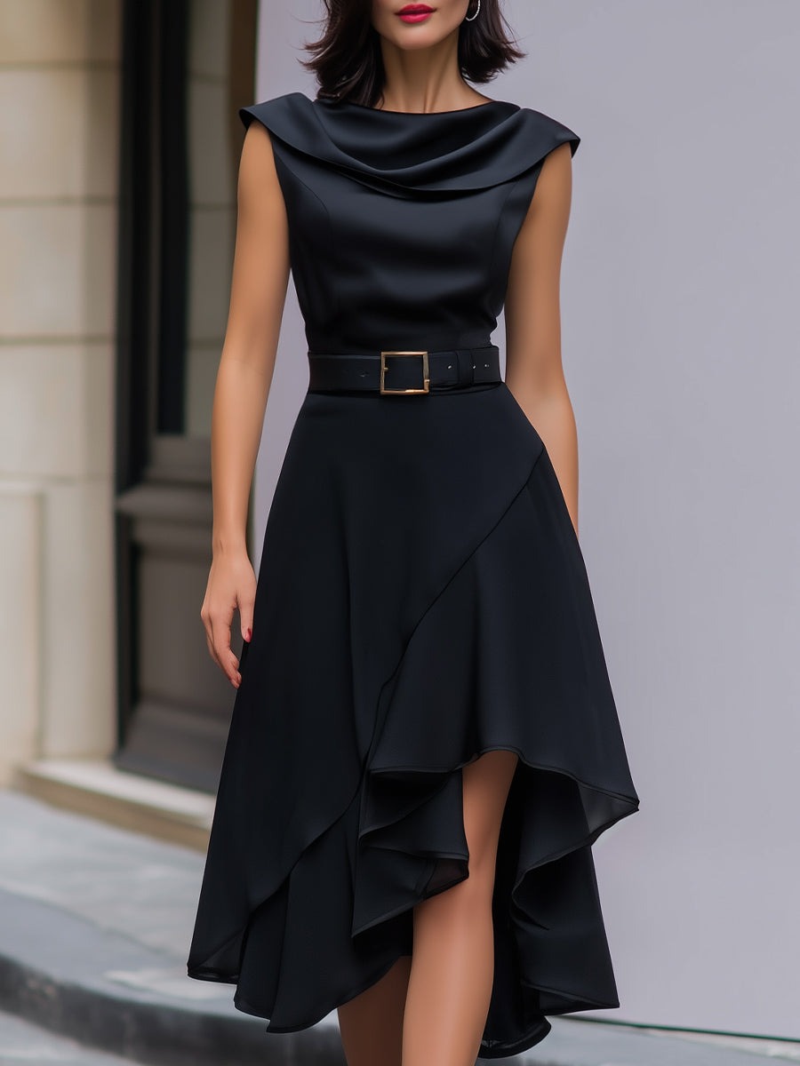 Black Draped Cowl-Neck Belted Asymmetrical Satin Midi Dress