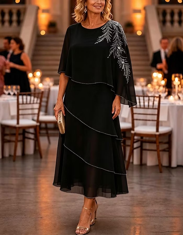 Beaded Chiffon Overlay Layered Midi Dress