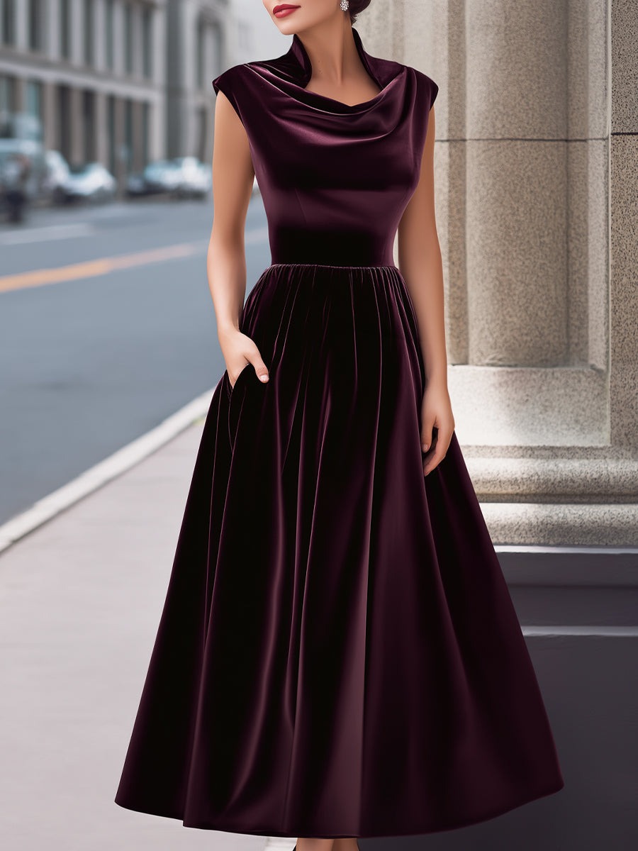 Burgundy Velvet Boat-Neck Sleeveless A-Line Evening Gown