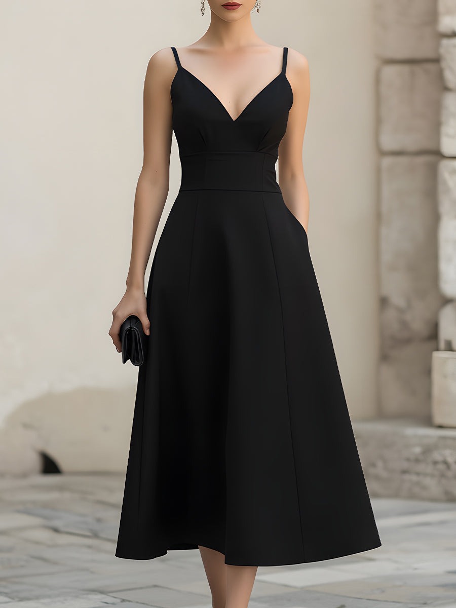 Black Spaghetti Strap V Neck Midi Dress