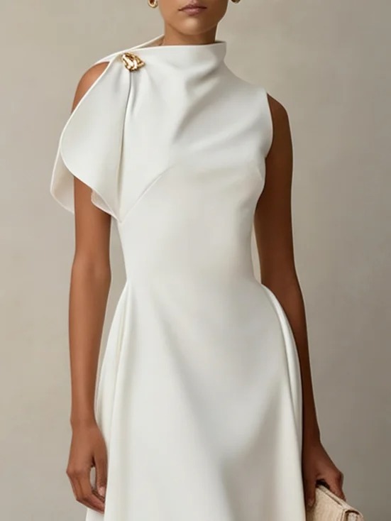 White Buckle Classic Mock Neck Short Sleeve A-Line Midi Dress