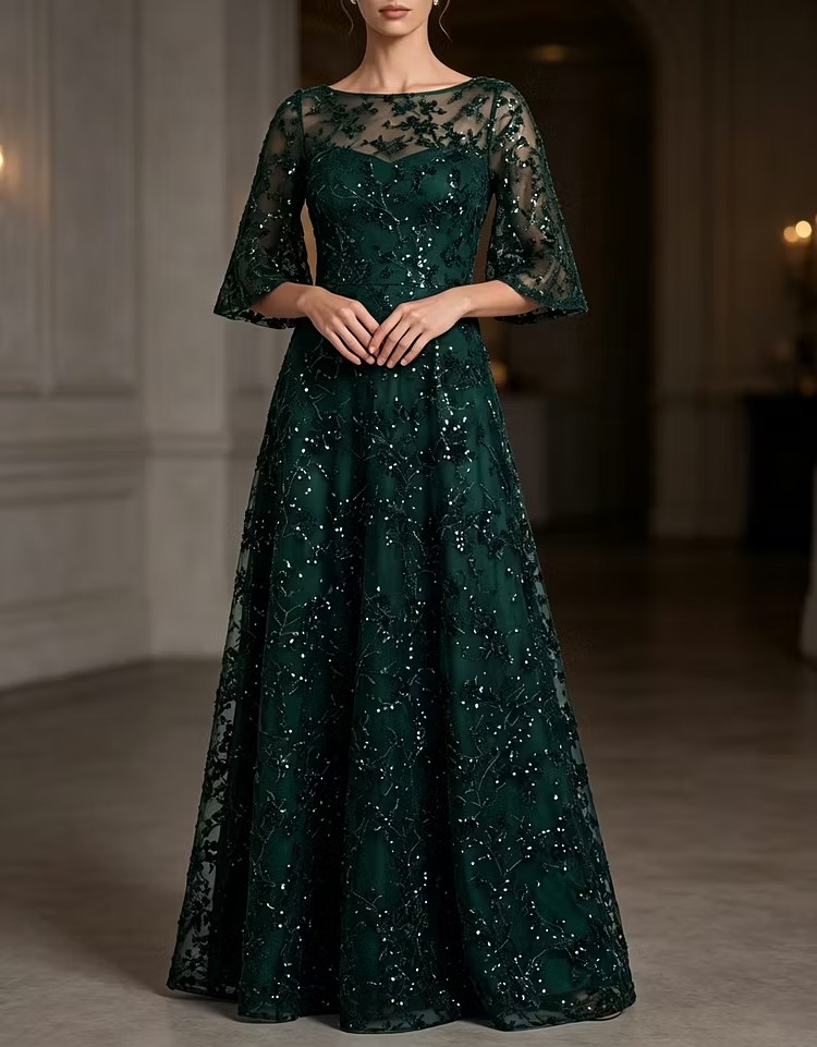 Boat Neck Flare Sleeve Beaded Mesh Evening Gown