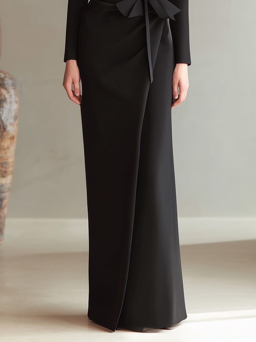 Black Square-Neck Long Sleeve Wrap-Style Maxi Dress With Waist Tie