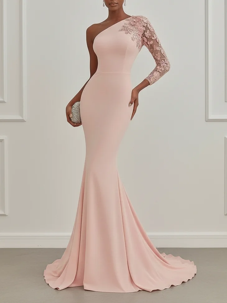 Pink Lace Classic One Shoulder Long Sleeve Mermaid Gown Dress