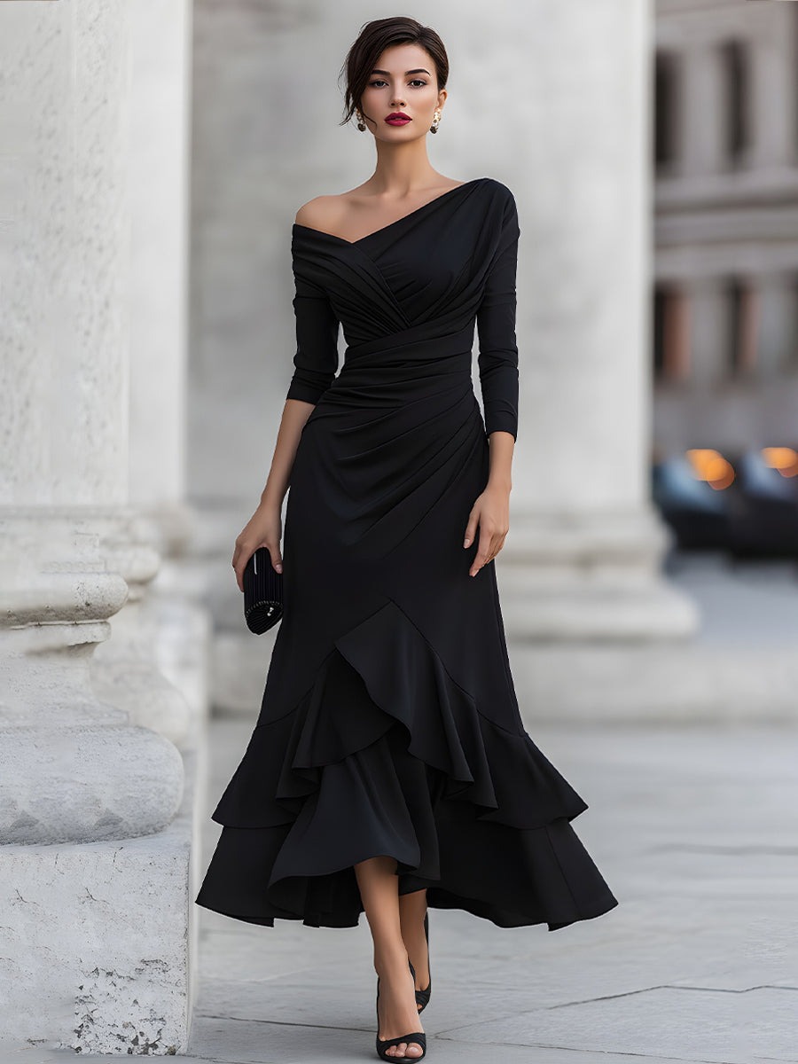 Black One-Shoulder Ruched Asymmetric Ruffle Hem Midi Dress