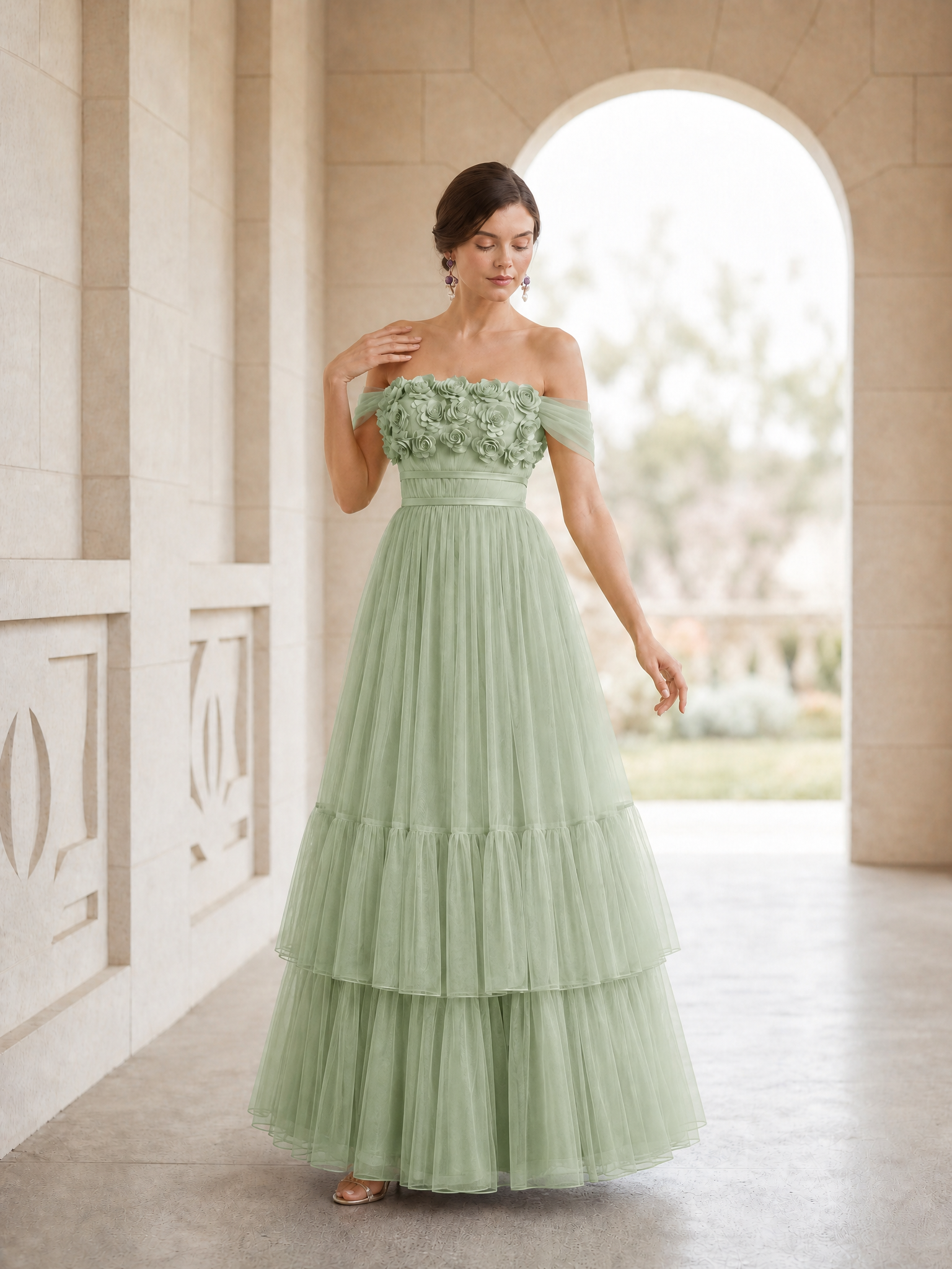 Floral Appliqué Off-the-Shoulder Tulle Gown