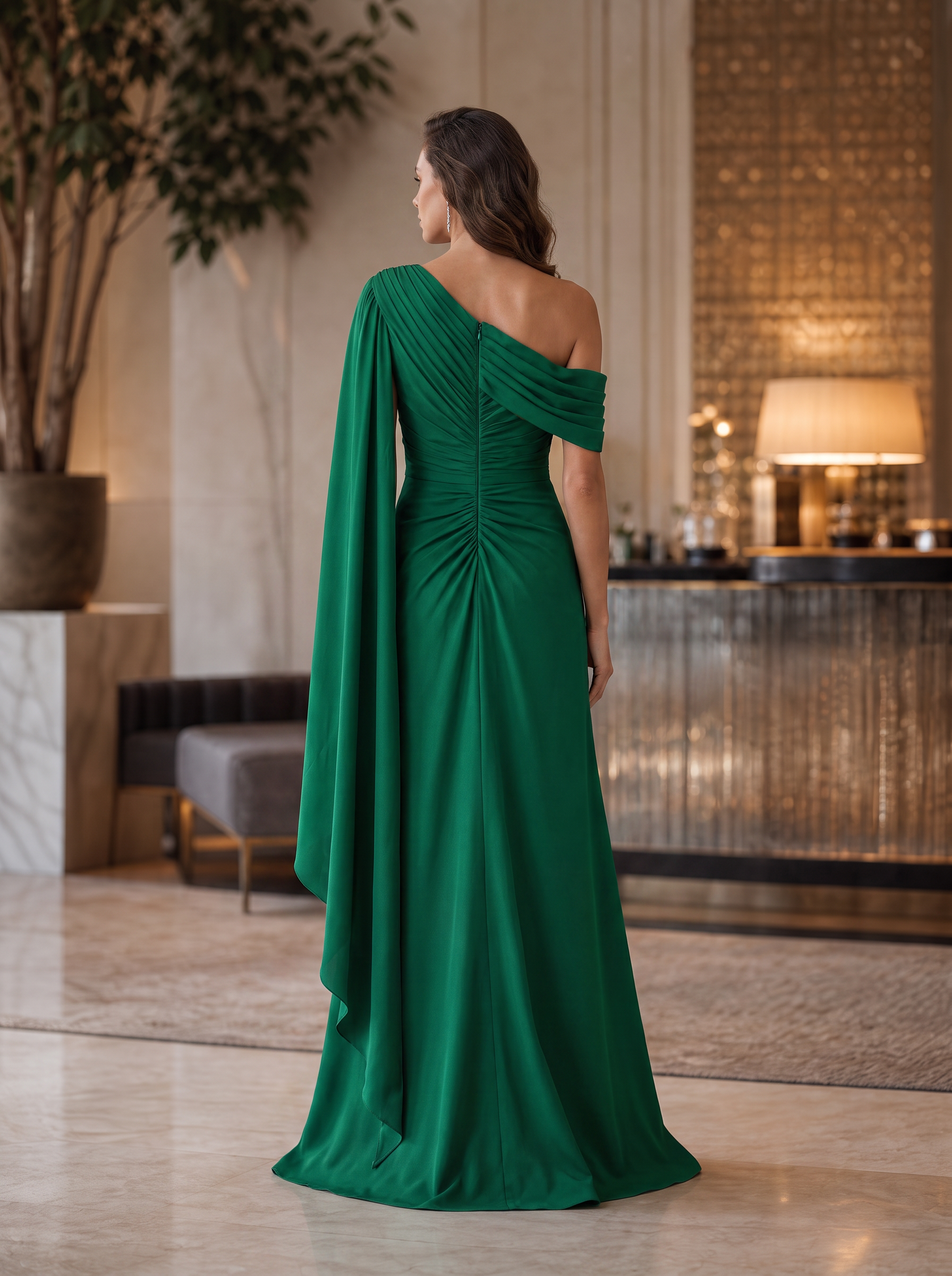 One-Shoulder Pleated Ruffle-Trim Evening Gown