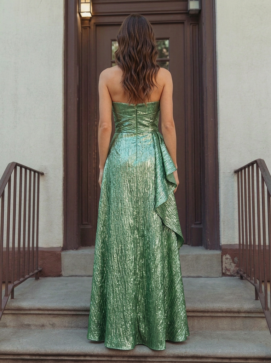 Strapless Metallic Ruffle Slit Maxi Dress