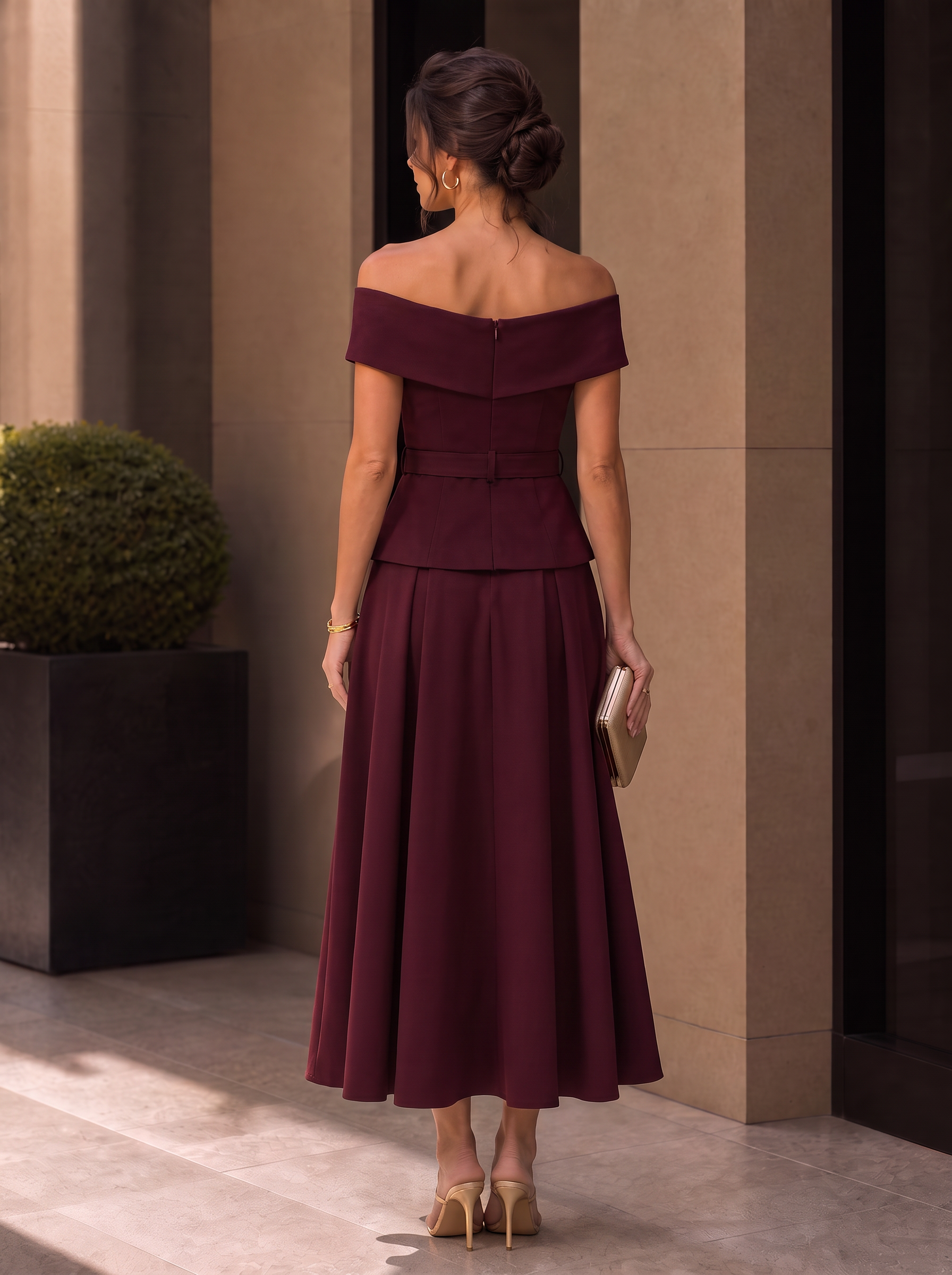Off-Shoulder Satin Matching Peplum Top And Skirt Set