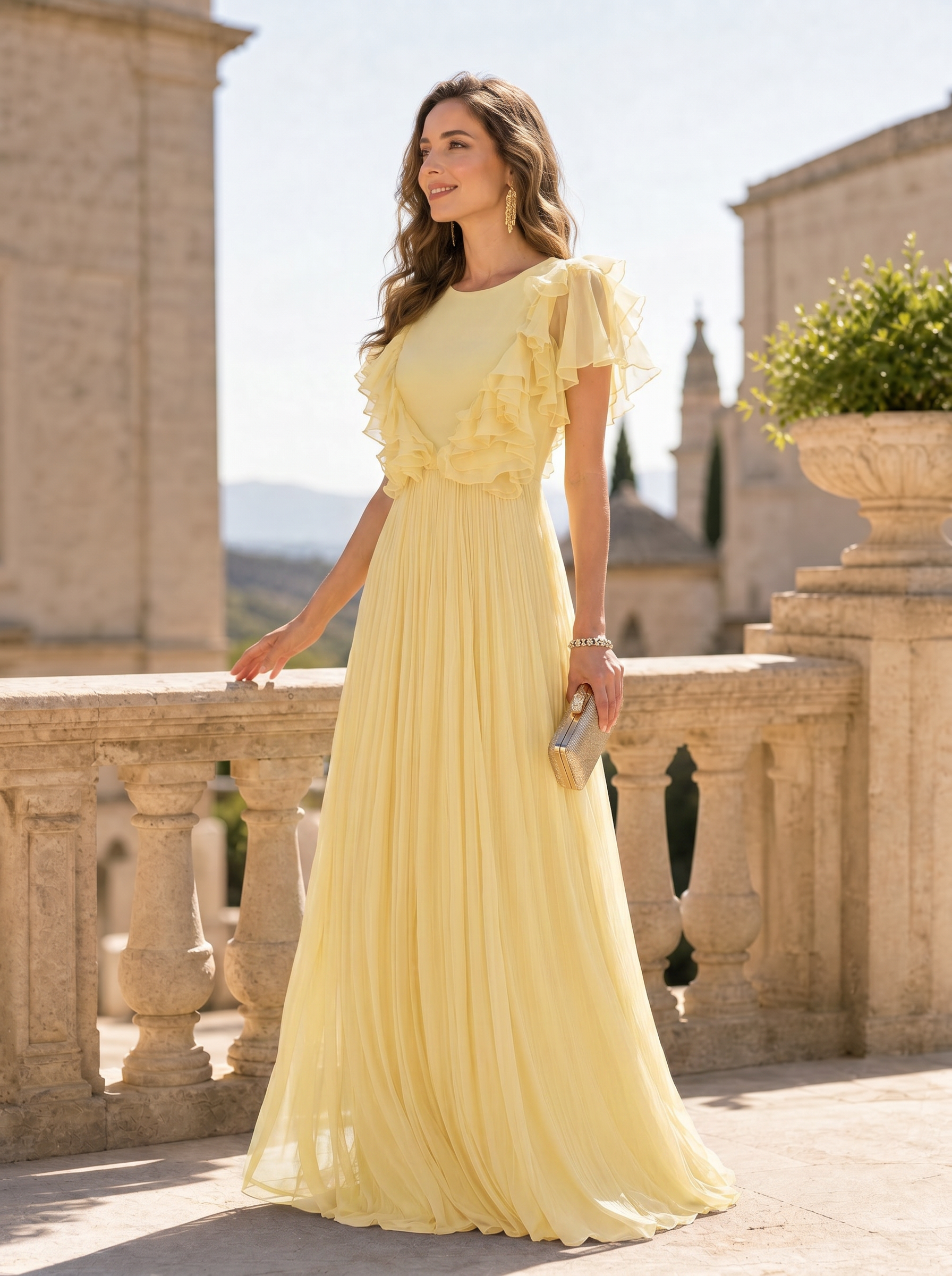 Ruffled Flutter-Sleeve Pleated Chiffon Evening Gown