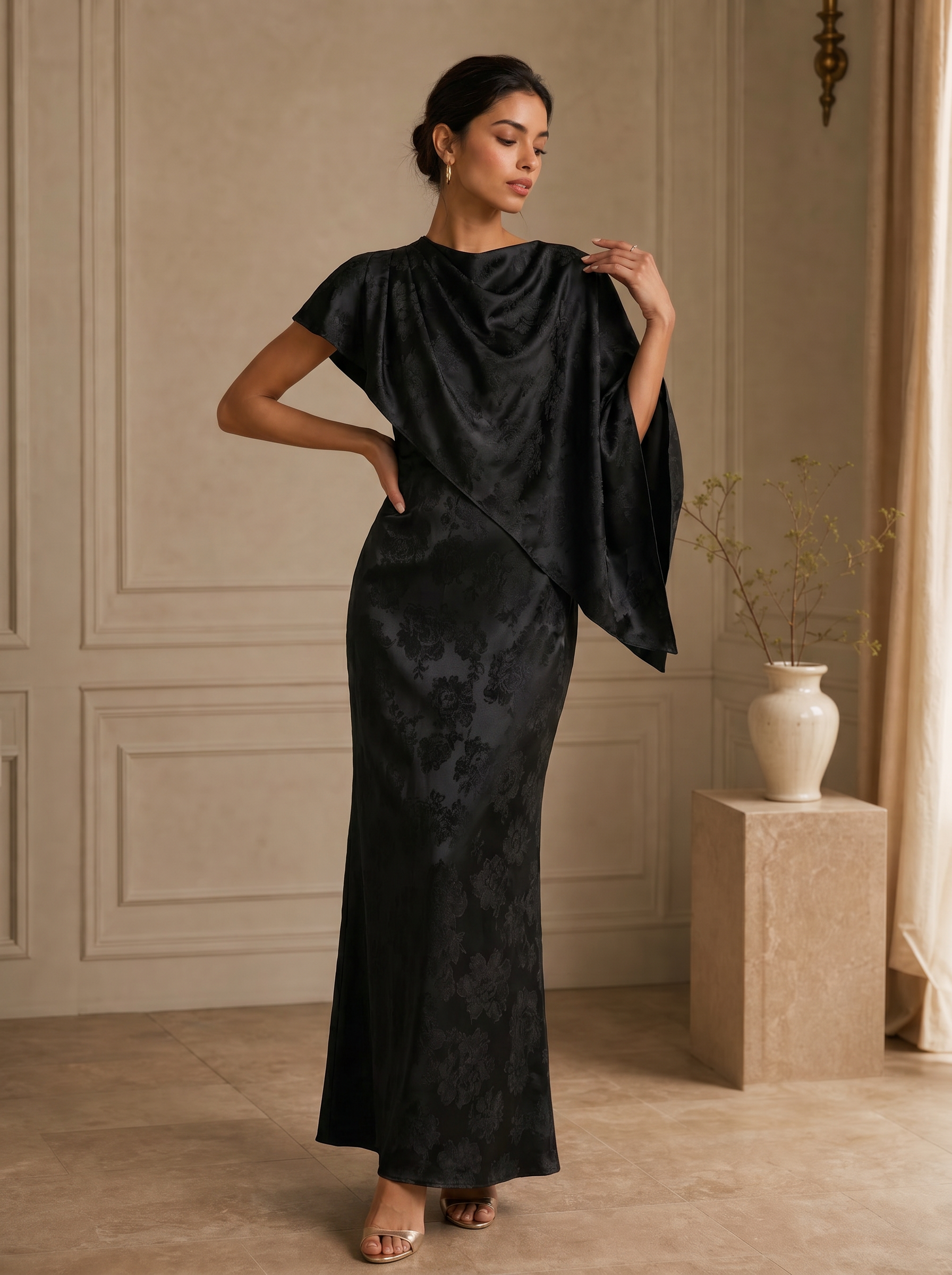 Asymmetric Draped Overlay Floral Chiffon Evening Gown