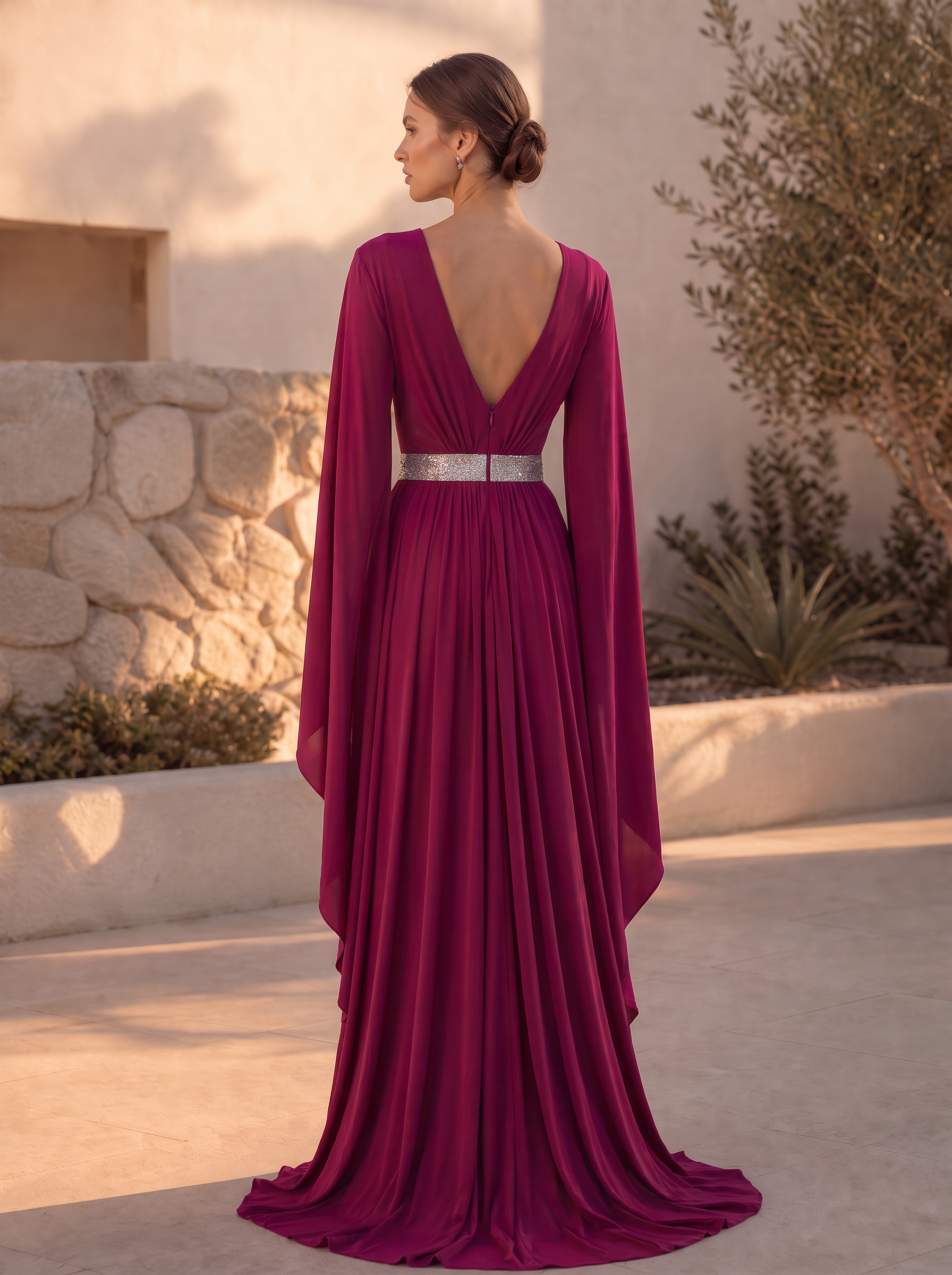 V-Neck Pleated Chiffon Evening Gown with Bell Sleeves and Floral Applique