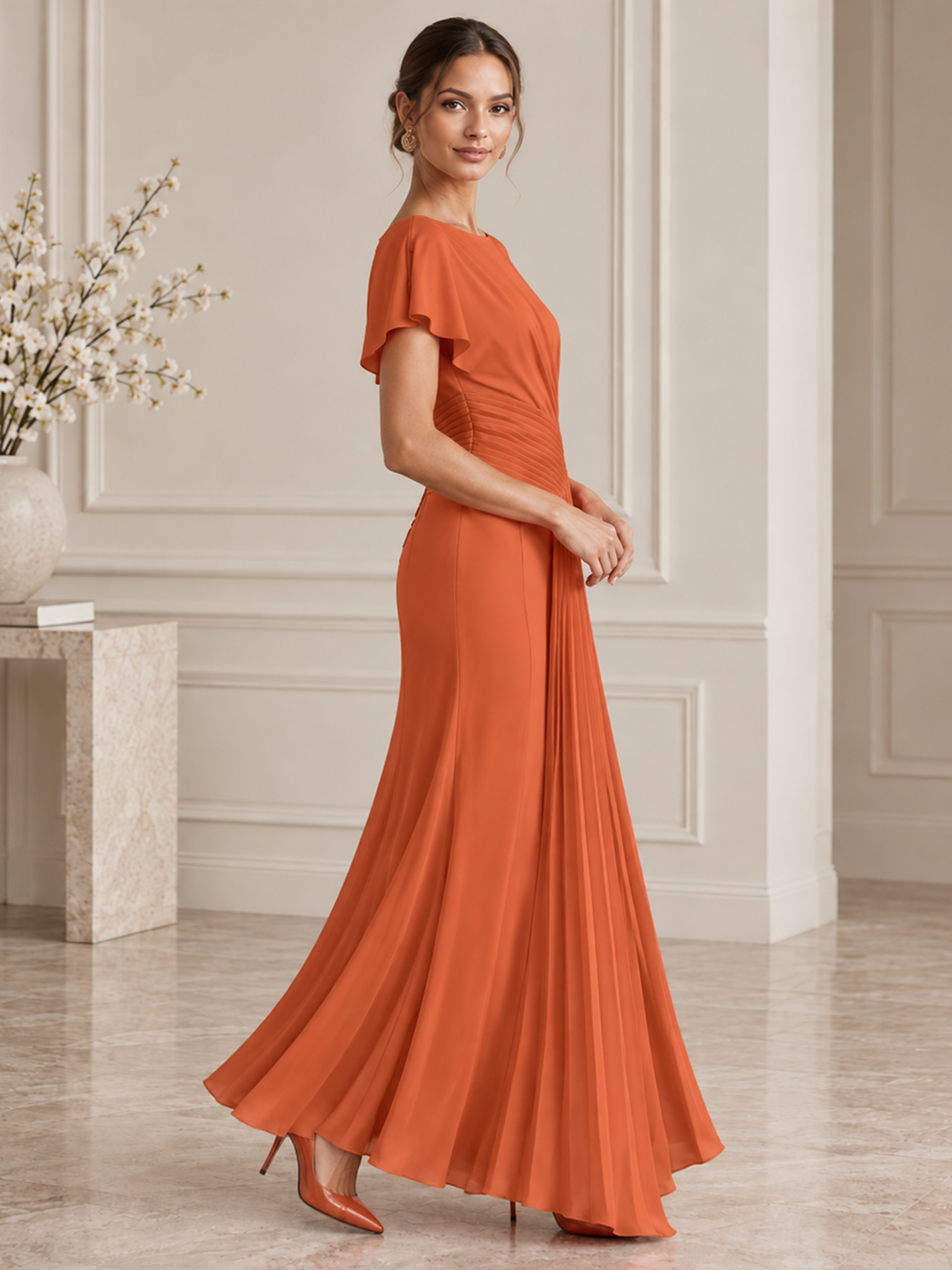 Draped Bodice Pleated Crepe Midi Dress