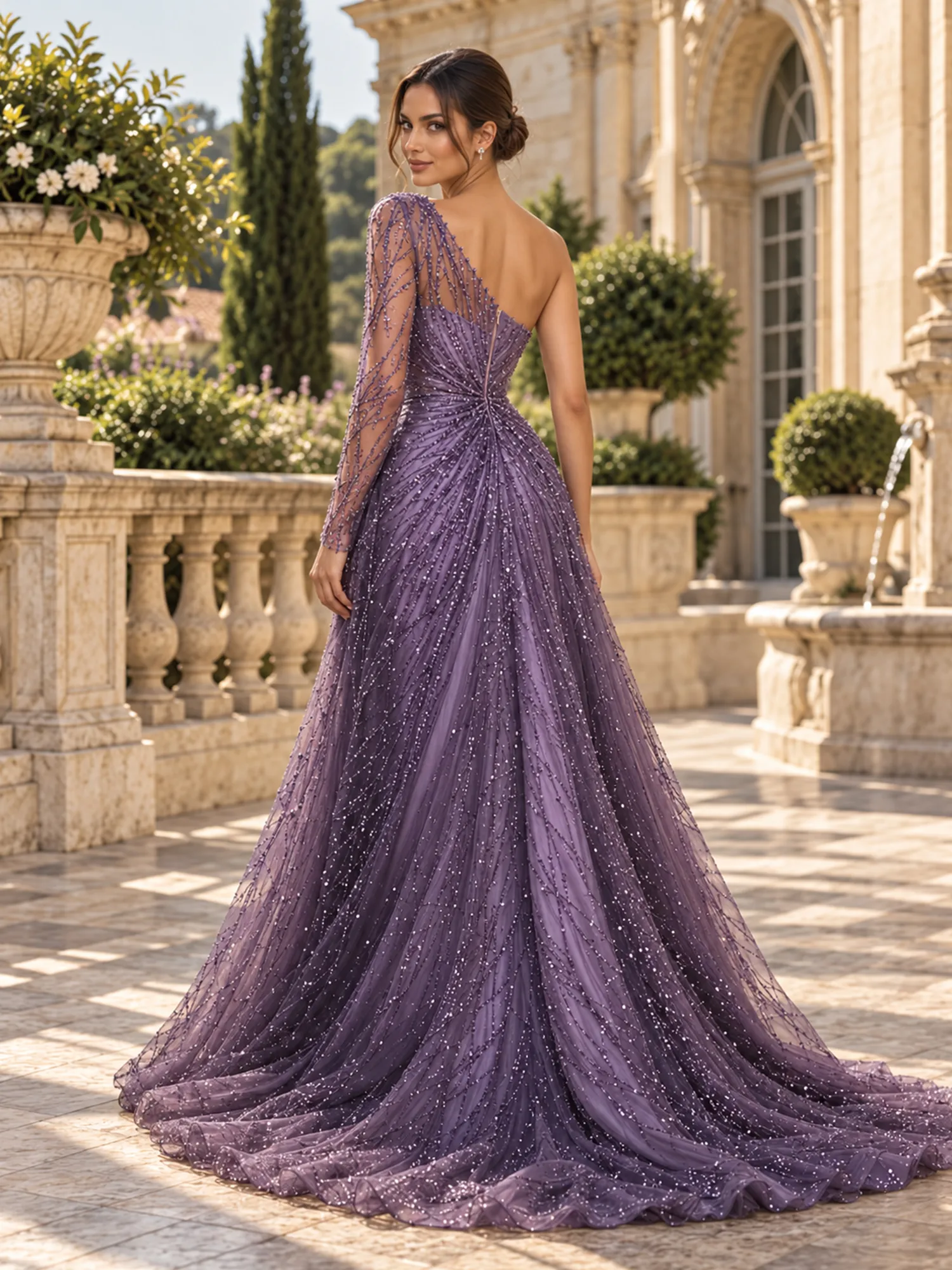 One-Shoulder Beaded Tulle Evening Gown