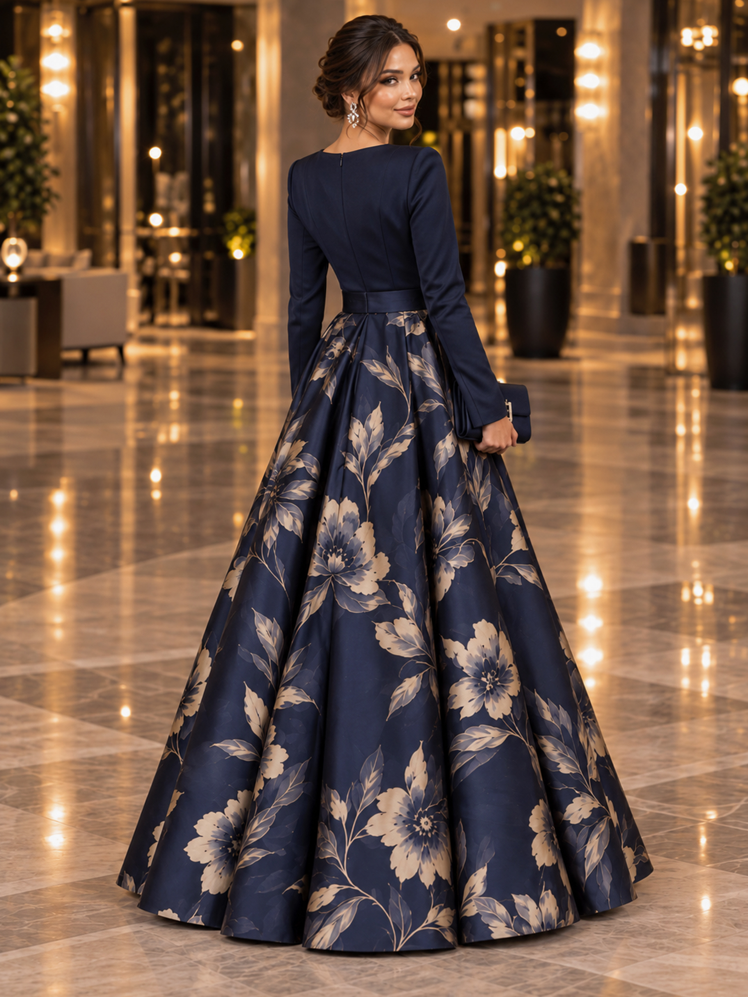 Long Sleeve Floral Print A-Line Evening Gown