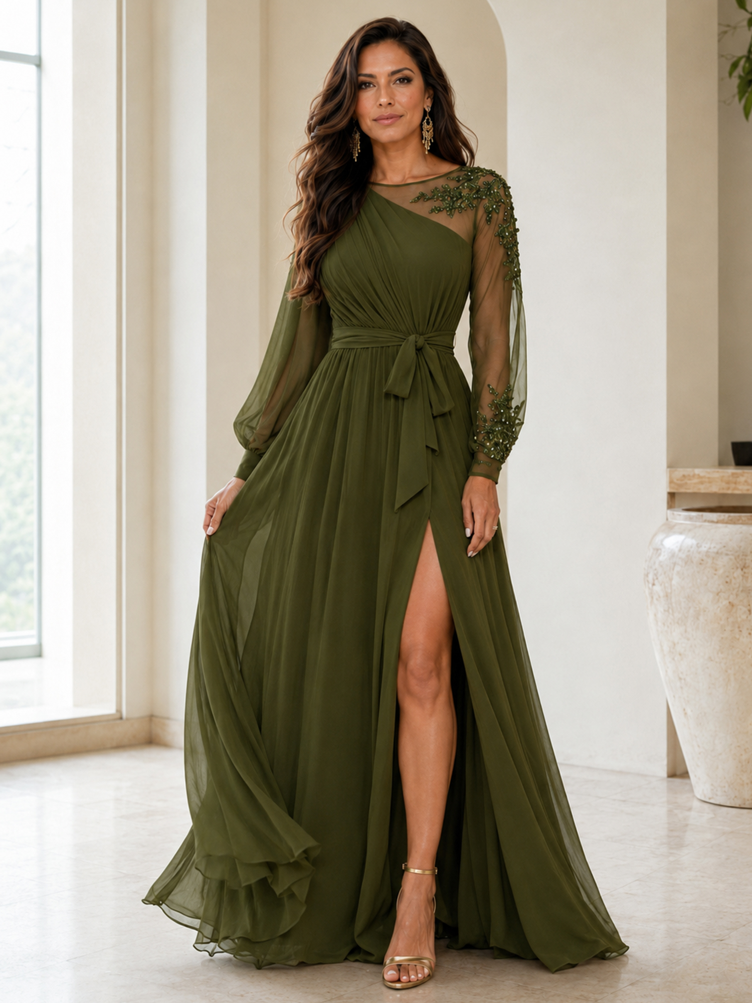 Sheer Mesh Beaded Sleeve One Shoulder Chiffon Evening Gown